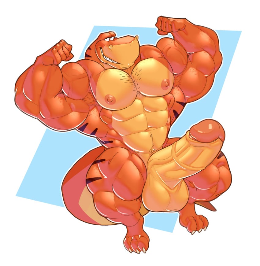 abs absurd_res anthro balls barazoku biceps big_balls big_muscles big_pecs big_penis big_tail chest_tuft claws dinosaur dumbandgreen facial_tuft genitals hair hi_res huge_muscles humanoid_genitalia humanoid_penis male muscular muscular_male nipples pecs penis reptile rex_(we're_back!) scalie smile smiling_at_viewer solo solo_male striped_body stripes tail theropod thick_thighs tuft tyrannosaurid tyrannosaurus tyrannosaurus_rex universal_studios we're_back!_a_dinosaur's_story wide_hips