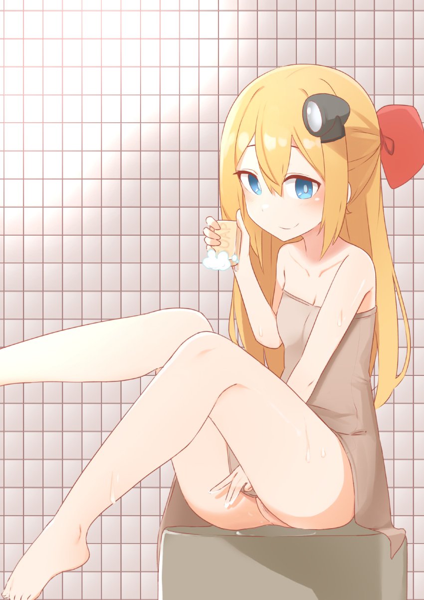 bathroom blonde_hair blue_eyes daebom flat_chest holding_object looking_at_viewer pussy_juice red_ribbon soap t-34-57 t-34-57(old) t34_family tagme towel war_thunder wet wet_pussy young_female