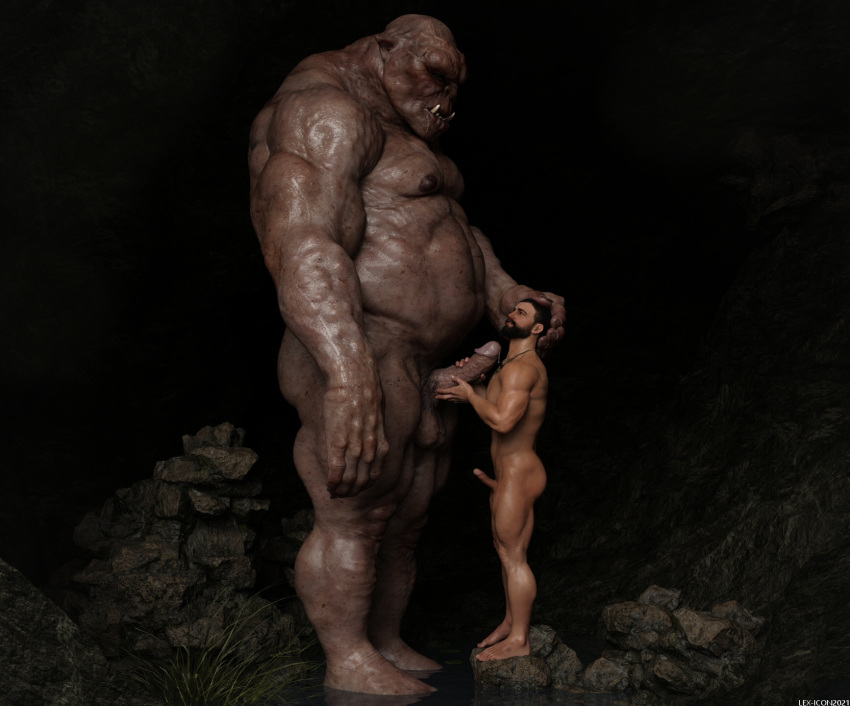 balls duo fangs genitals hi_res human humanoid humanoid_pointy_ears lex-icon male male/male mammal ogre penis size_difference teeth