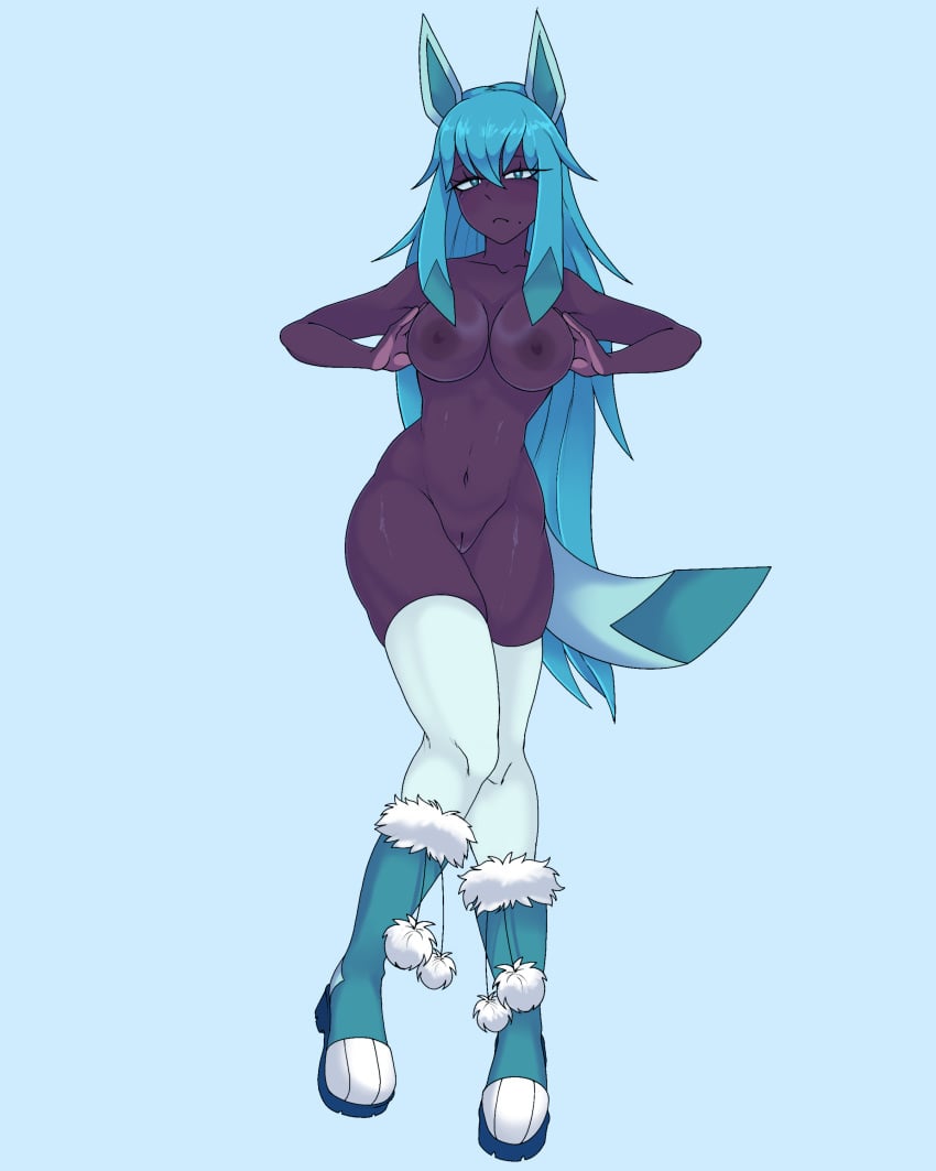 2023 absurd_res animal_ears anthro anthrofied beauty_mark big_breasts blue_eyes blue_hair blue_inner_ear boots breasts clothing dark_body dark_skin digital_drawing_(artwork) digital_media_(artwork) eeveelution eyeliner female footwear full-length_portrait furry_boots generation_4_pokemon genitals glaceon hair hi_res high_heeled_boots high_heels humanoid legwear looking_at_viewer makeup mxntylewds narrowed_eyes navel nintendo pointed_tail pokemon pokemon_(species) portrait pressing_breasts_together pussy shaded shaved_pussy simple_background small_tail small_waist solo solo_focus tail thick_thighs thigh_highs winter_clothing