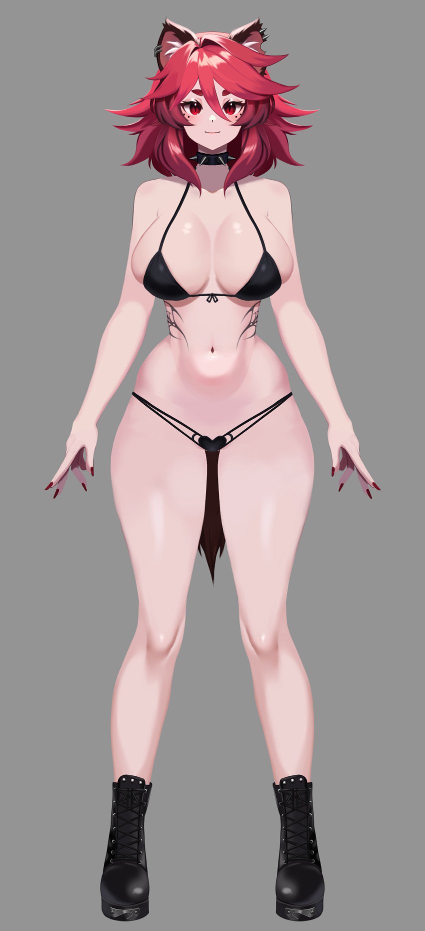 big_ass big_breasts bikini boots demon_girl fuamyero goth gray_background hourglass_figure humanoid hyena model red_eyes red_hair smile tagme tattoo white_skin