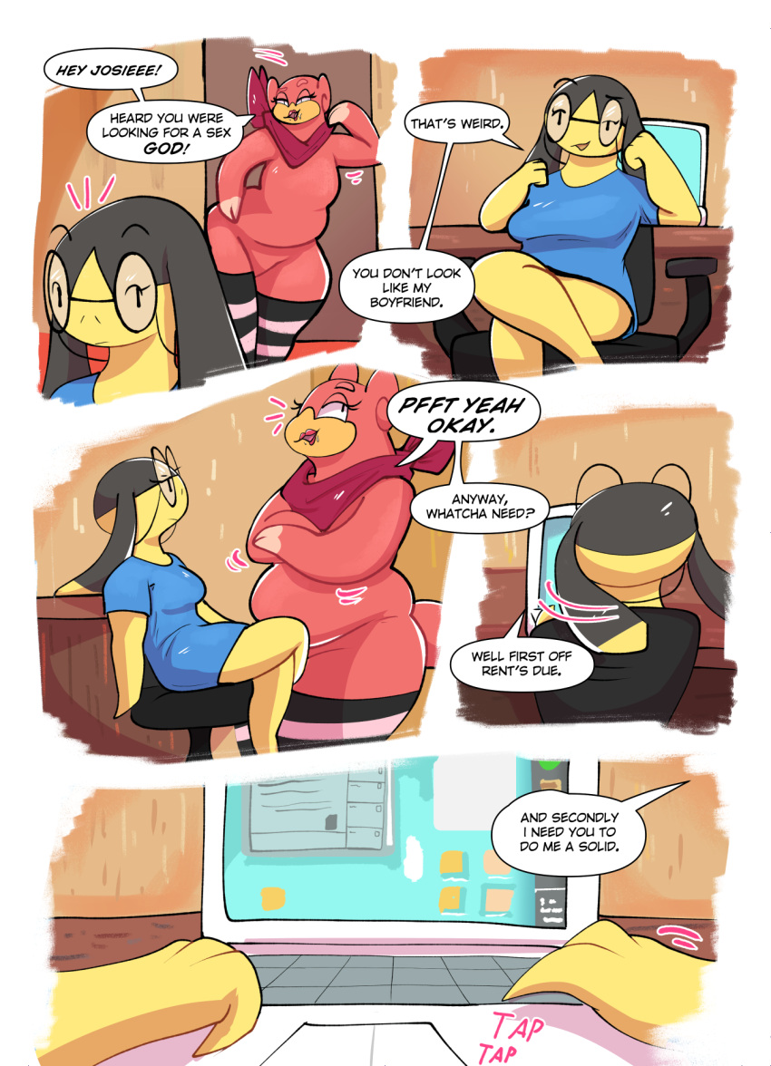 anthro clothing comic female generation_1_pokemon generation_6_pokemon half_naked helioptile hi_res leggings legwear mostly_nude nintendo panties pantsless pink_body pokemon pokemon_(species) slightly_chubby slowpoke tammy_(goopyarts) text thick_thighs thigh_highs underwear wide_hips yellow_skin