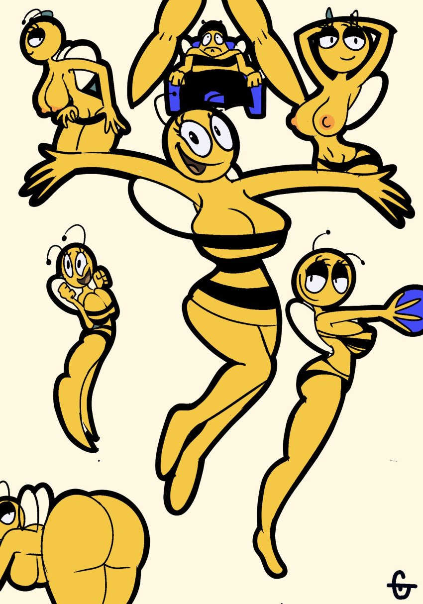 antennae_(anatomy) anthro arthropod ass ass_up bee big_breasts breasts duo female hi_res hymenopteran insects jaysonguzman567 lena_the_bee male nipples oleina russian_cooking_oil_commercial smile smug wings yellow_body