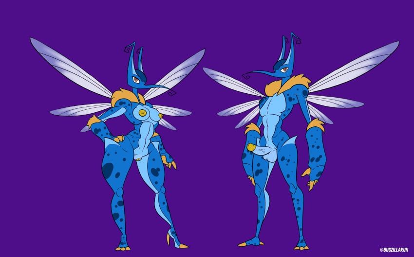 2022 3_toes 4_fingers abs absurd_res antennae_(anatomy) anthro arthropod balls blue_body blue_spots brown_eyes bugzilla clothing curled_antennae dipteran duo erection feet female fingers flat_colors footwear fur genitals hand_on_hip hi_res high_heels humanoid_genitalia humanoid_penis insect_wings insects looking_at_viewer male male/female model_sheet mosquito mossax navel nipples penis purple_background pussy signature simple_background slim spectrobe spectrobes spots spotted_body spread_wings thick_thighs toes tuft vein veiny_penis wings yellow_body yellow_fur yellow_nipples yellow_penis