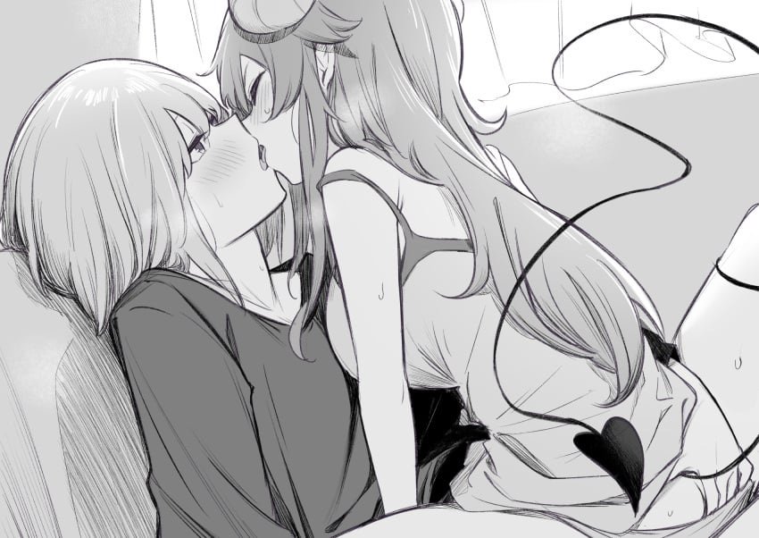 2girls ass blush borushichi breasts chiyoda_momo closed_eyes curled_horns demon_girl demon_horns demon_tail fingering flat_chest french_kiss greyscale highres horns implied_fingering kissing large_breasts long_hair long_sleeves looking_at_another machikado_mazoku monochrome multiple_girls open_mouth out-of-frame_censoring panties shirt short_hair sweat tail underwear yoshida_yuuko_(machikado_mazoku) yuri