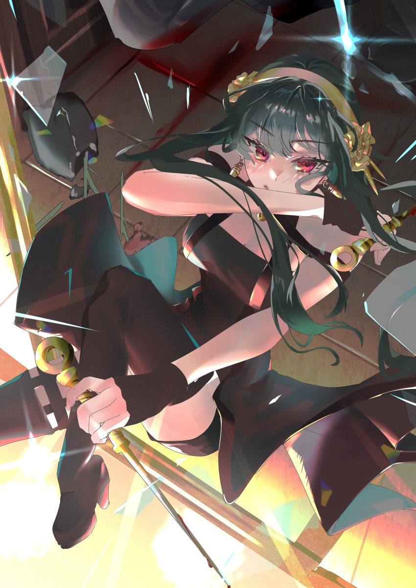 1girls artist_name assassin broken_glass broken_window female female_only glass_shards gold_hairband human jumping red_eyes solo spy_x_family stiletto_(weapon) thorn_princess yor_briar yor_forger