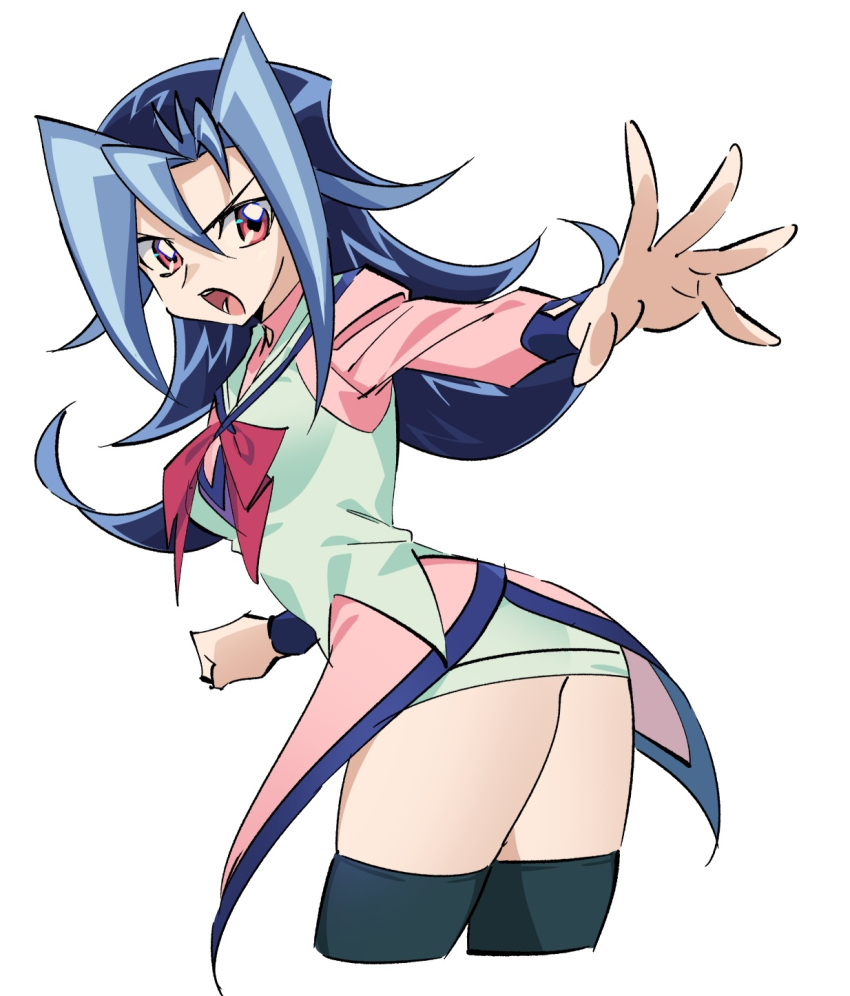 1girls ass ass_focus blue_hair clothing dntks female female_only kamishiro_rio looking_back red_eyes rio_kamishiro solo thighhighs white_background yu-gi-oh! yu-gi-oh!_zexal