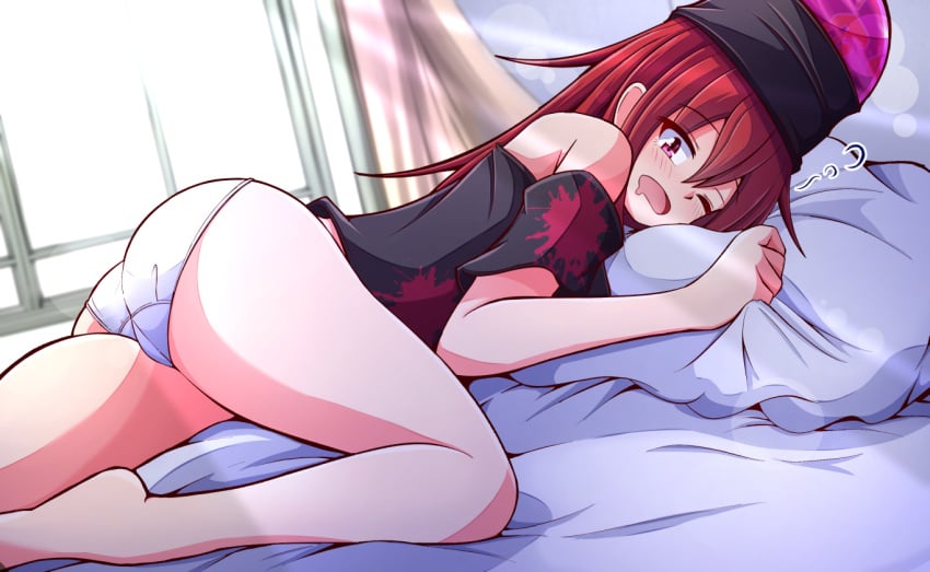 1girls 2022 aospanking ass barefoot bed blush drooling grabbing_pillow hat hecatia_lapislazuli looking_at_viewer lying no_pants on_bed panties pillow red_eyes red_hair t-shirt tagme team_shanghai_alice thighs touhou touhou_kanjuden touhou_kanjuden_~_legacy_of_lunatic_kingdom touhou_project waking_up white_panties