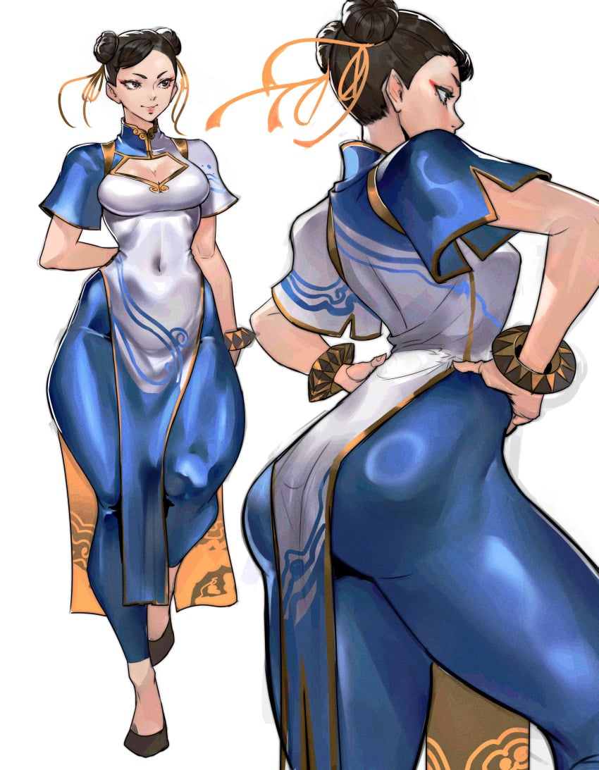 absurdres arm_behind_back black_eyes black_hair blue_pants bow bowtie bracelet breasts capcom china_dress chinese_clothes chun-li cleavage closed_mouth commentary commission covered_navel double_bun dress female full_body gold_trim hair_bun hands_on_own_hips highres jewelry juaagacgy lips makeup medium_breasts multiple_views pants shiny_clothes shoes short_sleeves simple_background skeb_commission skin_tight smile street_fighter street_fighter_6 white_background