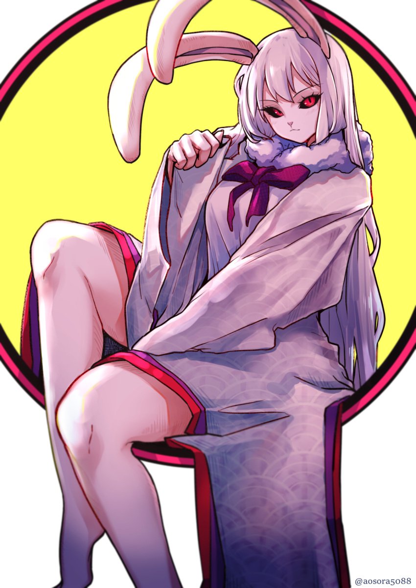 1girls bunny_ears carrot_(one_piece) dunny female female_only fully_clothed long_hair one_piece rabbit rabbit_ears rabbit_girl rabbit_humanoid red_eyes simple_background sitting solo sulong sulong_carrot white_body white_dress white_fur white_hair