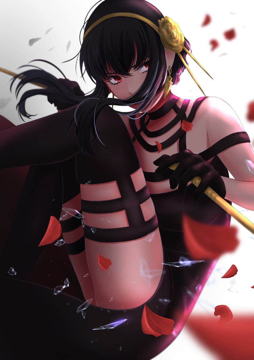 17_kirimi absurdres assassin bag black_dress black_gloves black_hair black_legwear black_thighhighs blurry broken_glass covering_mouth dress earrings female flower glass gloves gold_hairband hair_between_eyes hair_flower hair_ornament hairband hand_over_own_mouth highres holding holding_weapon jewelry petals red_eyes rose short_dress sidelocks sleeveless sleeveless_dress solo spy_x_family stiletto_(weapon) thighhighs thorn_princess tied_hair weapon yellow_flower yellow_hairband yellow_rose yor_briar