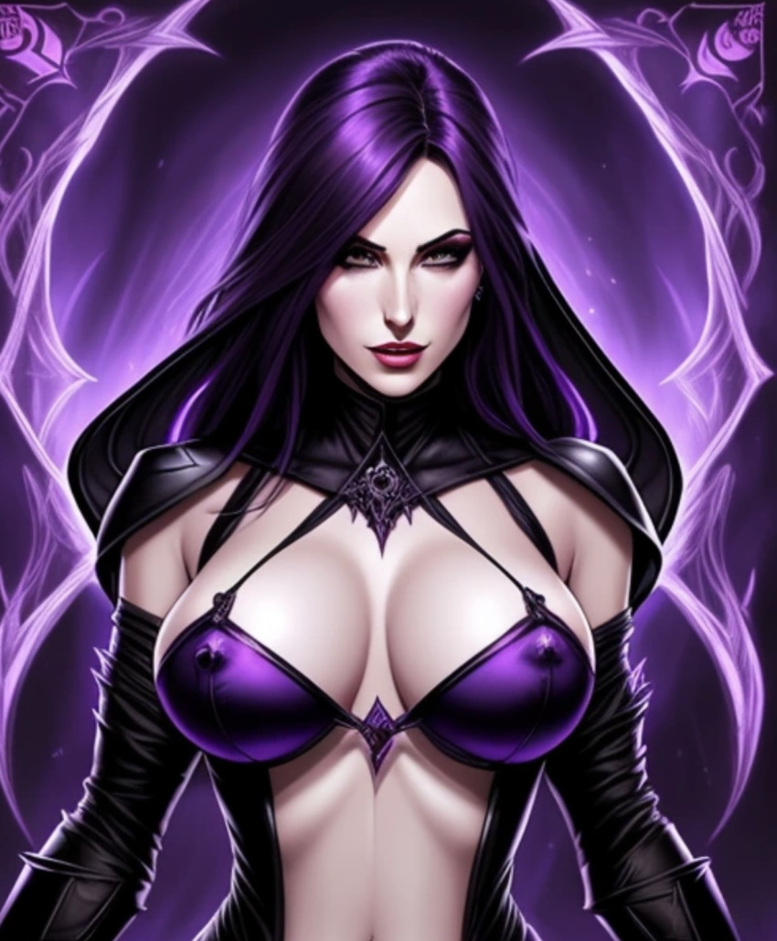 1girls ai_generated cleavage female female_only large_breasts liliana_vess magic_the_gathering nipple_bulge nipples_visible_through_clothing partially_clothed purple_background purple_hair solo solo_female string_bra