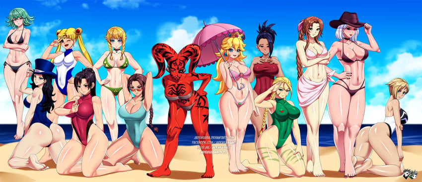 13girls 6+girls aerith_gainsborough ashe_(overwatch) beach bikini bishoujo_senshi_sailor_moon black_hair blonde_hair brown_hair cammy_white crossover darth_talon dc dc_comics dragon_ball dragon_ball_super eastern_and_western_character female female_only final_fantasy final_fantasy_vii full_body glasses gwen_stacy harem hyrule_warriors jadenkaiba kale kneeling lara_croft lara_croft_(classic) large_breasts linkle long_hair looking_at_viewer mario_(series) marvel marvel_comics medium_breasts multiple_girls nintendo one-piece_swimsuit one-punch_man outdoors overwatch princess_peach red_skin royalty sailor_moon saiyan seaside short_hair sith small_breasts soul_calibur spider-gwen spider-man_(series) standing star_wars star_wars:_legacy street_fighter swimsuit taki tatsumaki the_legend_of_zelda tomb_raider twi'lek usagi_tsukino voluptuous zatanna