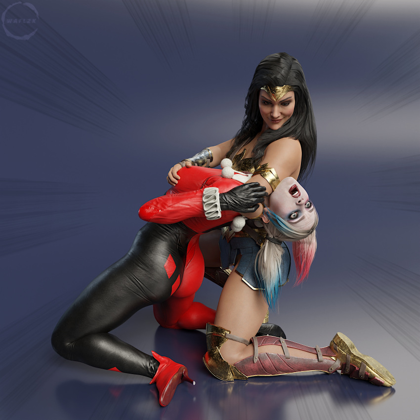 2girls 3d amazon ass batman:_arkham_knight batman_(series) big_breasts black_hair blue_eyes bodysuit boots catfight choke_hold dark_hair dc dc_comics demigoddess digital_media_(artwork) dragon_sleeper eyebrows eyelashes eyes female female_only fully_clothed grabbing_breasts groping_breasts hair harley_quinn harley_quinn_(classic) harley_quinn_(injustice) hero heroine high_heels human humanoid injustice_2 light-skinned_female light_skin lips multiple_girls on_knees pale-skinned_female pale_skin submission_hold superhero superheroine themysciran villain villainess voluptuous wafl2k wafl4k wonder_woman wonder_woman_(injustice) wonder_woman_(series)