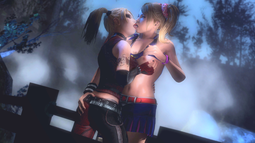 2girls 3d batman:_arkham_city batman_(series) blonde_hair blue_eyes dc dc_comics female female_only harley_quinn harley_quinn_(arkham) harley_quinn_(arkham_city) juliet_starling kissing lollipop_chainsaw multiple_girls rastifan tagme twintails