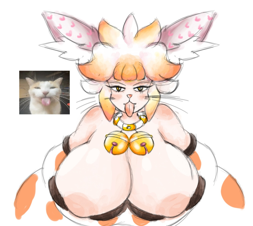 1boy animal_ears anthro areola areolae cat_ears furry gigantic_breasts huge_breasts humanized hyper hyper_breasts joke_art kimono large_breasts looking_at_viewer male male_only male_with_breasts meme milly_the_cat mocking multicolored_hair silly_face summeryfortuna tongue tongue_out whiskers white_hair yellow_eyes