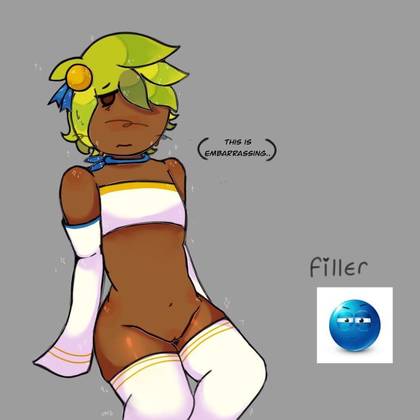 blackwashed cookie_run cuntboy cuntboy_only dark-skinned_male embarrassed english_text grey_background herb_cookie intersex nervous_expression no_sex procreate shiny_skin thick_thighs thighhighs thighs twink