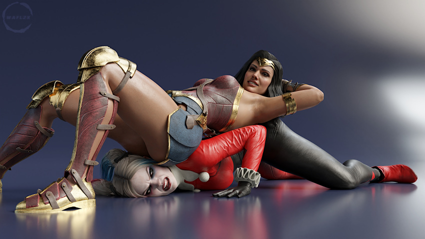 2girls 3d amazon batman:_arkham_knight batman_(series) big_breasts black_hair blue_eyes boots catfight dark_hair dc dc_comics demigoddess diana_prince digital_media_(artwork) eyebrows eyelashes eyes female female_only fully_clothed hair harley_quinn harley_quinn_(classic) harley_quinn_(injustice) hero heroine human humanoid injustice_2 light-skinned_female light_skin lips multiple_girls pale-skinned_female pale_skin sitting_on_head smug superhero superheroine themysciran villain villainess voluptuous wafl2k wafl4k waist wonder_woman wonder_woman_(injustice) wonder_woman_(series)