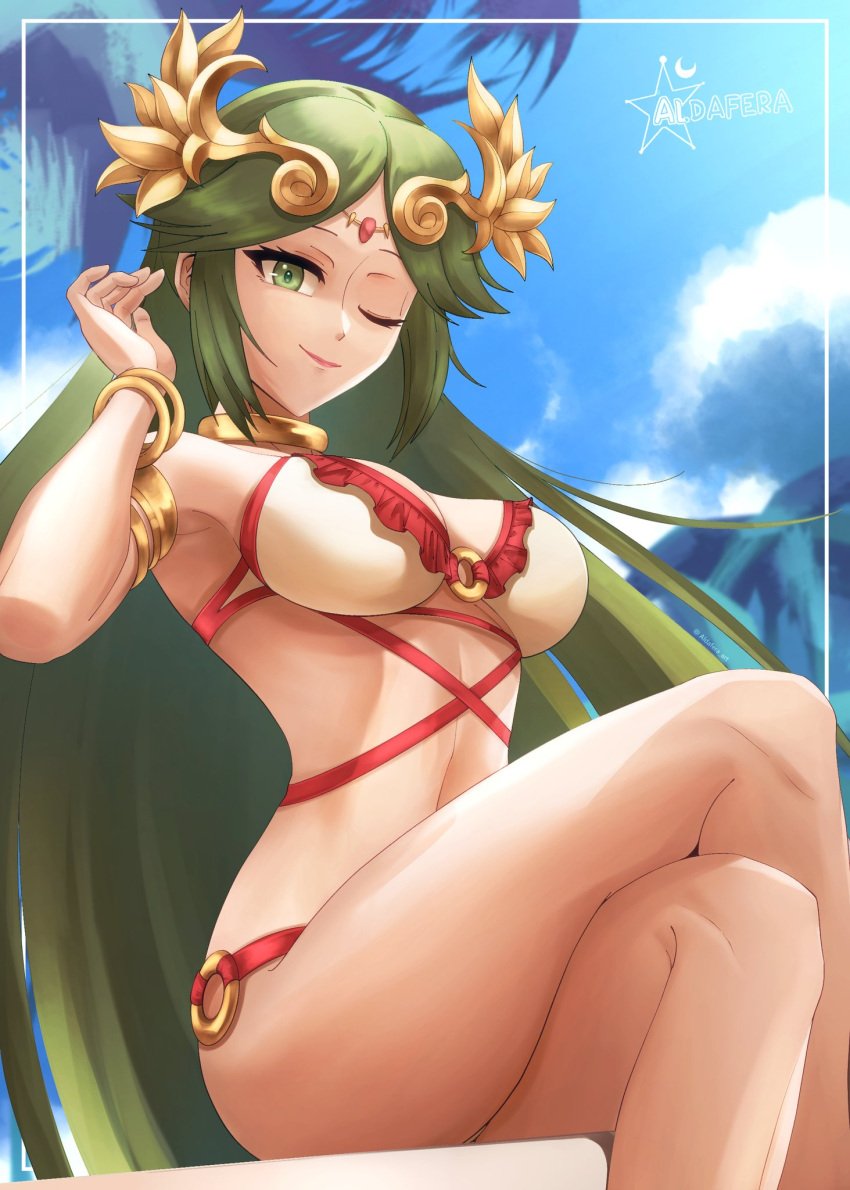 1girls aldafera bikini breasts female female_only green_eye green_hair kid_icarus light-skinned_female light_skin nintendo one_eye_closed palutena solo swimsuit wink