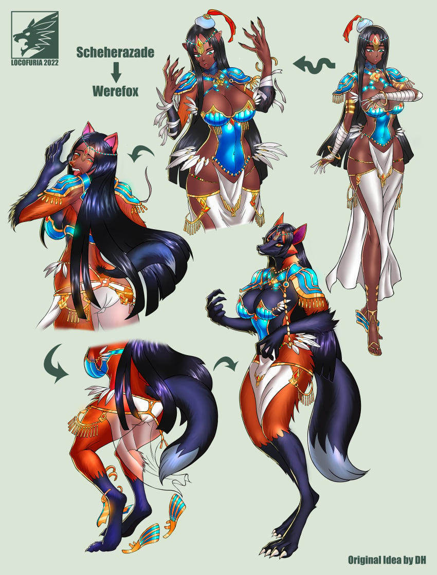 anthro ass breasts canid canine canine_humanoid fate_(series) female fox fox_ears fox_girl human_to_anthro locofuria midriff navel scheherazade_(fate) species_transformation tail thick_thighs transformation werefox wide_hips