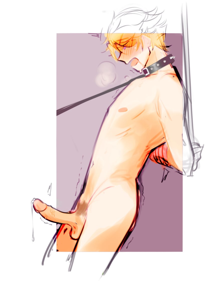 1boy blonde_hair bound_arms erection leash male_only mystic_messenger skinny trembling yoosung_kim