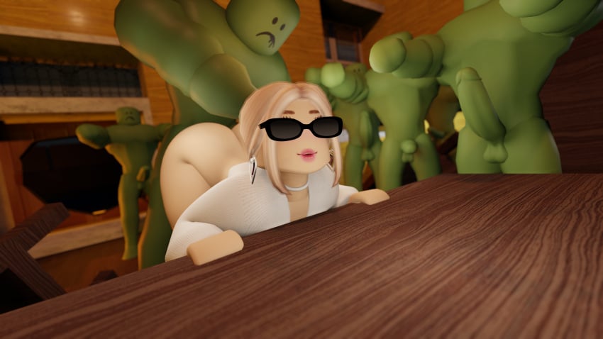 1girls 3d anal anal_sex bent_over big_lips blonde_hair from_behind glasses green_skin light-skinned_female muscular_male necklace roblox robloxian self_upload tagme thick_thighs vepho3dx wide_hips zombie