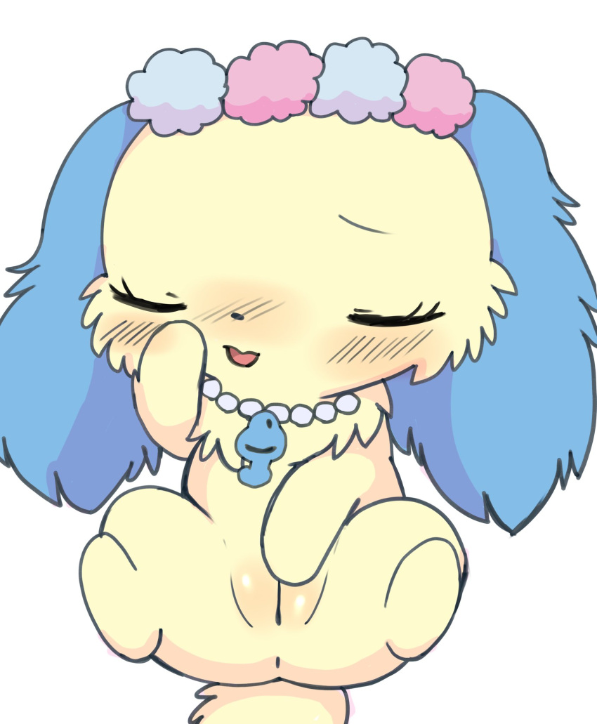 anthro anus azuo blue_hair blush canid canine canis closed_eyes domestic_dog female fur genitals hair hi_res jewelpet jewelpet_(species) jewelry mammal masturbation necklace plump_labia pussy sanrio sapphie sapphie_(jewelpet) semi-anthro simple_background solo vaginal_masturbation vaginal_penetration white_background yellow_body yellow_fur