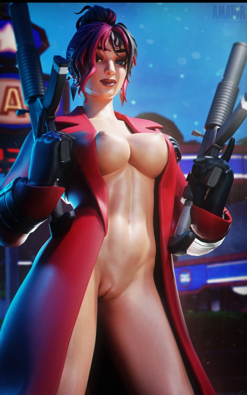 amatornsfw breasts ear_ring fortnite functionally_nude functionally_nude_female gas_station gun guns kor_(fortnite) looking_at_viewer multicolored_hair naked nude nude_female open_overcoat overcoat pussy robotic_eye smile undercover_kor