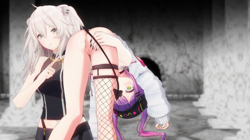 2girls 3d 3rd_party_edit bare_ass belly belly_button boobs bottomless breasts carrying carrying_partner covered_breasts covered_nipples devil_tail edit female female_focus female_only fishnets green_eyes hand_on_butt hat holoforce hololive hololive_gen_5 hololive_japan innie_pussy legs legs_apart miandodi naked naked_female no_panties nude nude_female over_shoulder_carry pointing pointing_at_pussy purple_hair pussy shishiro_botan standing stomach tail tokoyami_towa vagina virtual_youtuber white_eyes white_hair