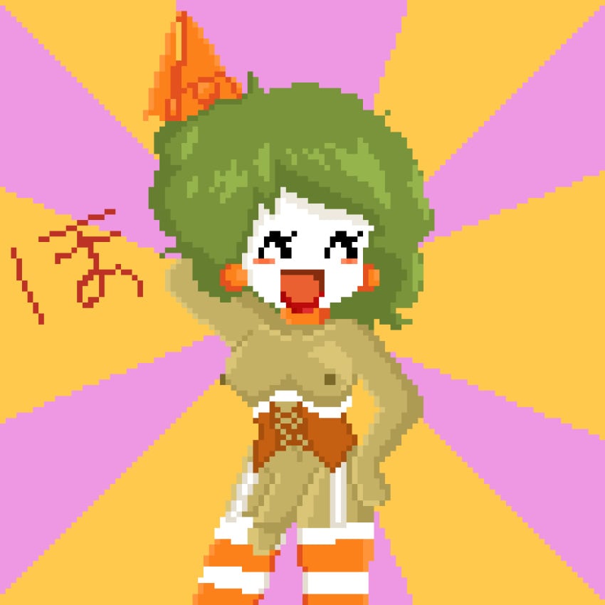 1futa animated areolae balls big_penis bottomless breasts castle_crashers clothed clothing clown_princess dark-skinned_futanari dark_skin female flaccid futa_only futanari gif japanese_text mostly_nude nipples orange_princess_(castle_crashers) penis pixel_art solo source_request standing text topless