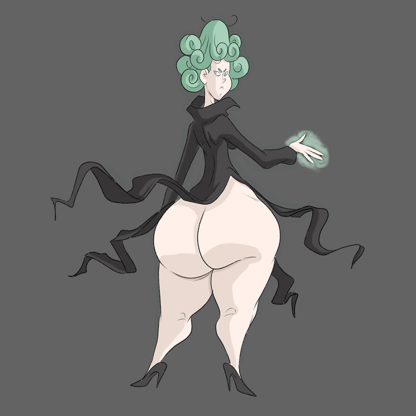 1girls ass back backside big_ass big_butt black_dress black_heels bottom_heavy curled_hair dress dress_lift exposed_ass going_commando green_hair heels large_ass no_panties one-punch_man pear_shaped tatsumaki thick_thighs wappah wide_hips