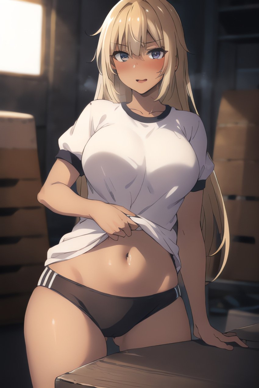 1girls ai_generated bertrand_(kamikatsu) big_breasts blonde_hair dark-skinned_female female gym_uniform kaminaki_sekai_no_kamisama_katsudou rule_63 solo