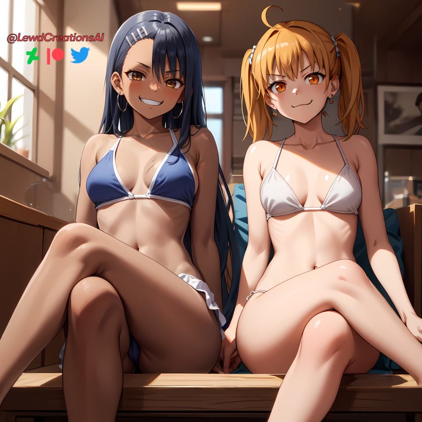 2girls ai_generated bikini bikini_top black_hair breasts cameltoe cleavage crossed_legs dark_hair dominant dominant_female feet_out_of_frame female_focus female_only hayase_nagatoro legs lewdcreationsai looking_at_viewer navel orange_hair panties please_don't_bully_me,_nagatoro pose smile smirk smirking thighs twintails watermark yoshi_(nagatoro)