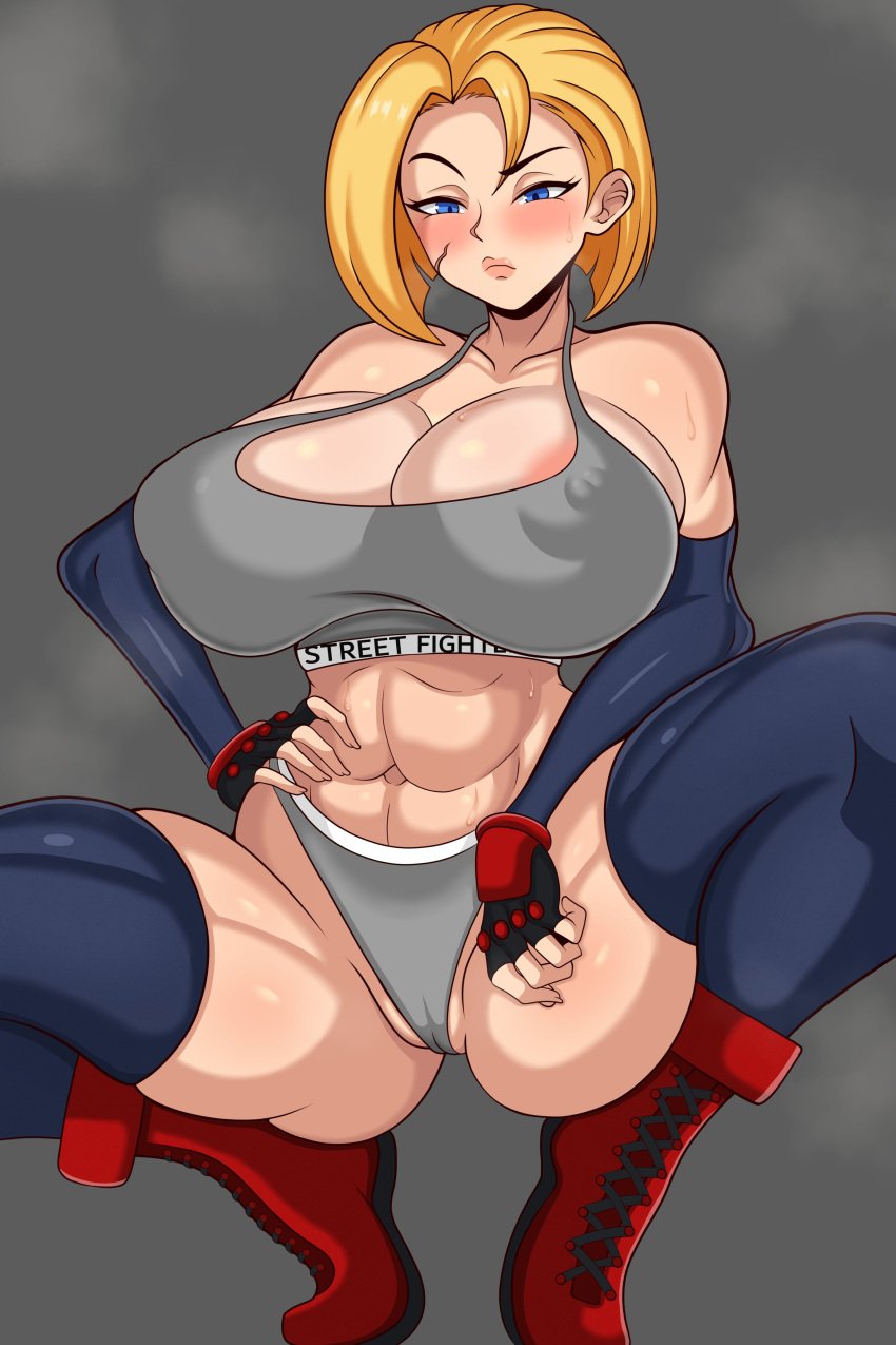 1girls abs areola_slip areolae armwear ass big_breasts blonde_hair blue_eyes blush bob_cut boots bottomwear breasts cammy_white capcom cleavage erect_nipples erect_nipples_under_clothes female female_only fingerless_gloves footwear hair hand_on_hip highleg hips huge_breasts large_breasts legs_open legwear lips looking_at_viewer muscular muscular_female nipple_bulge raised_eyebrow solo solo_female sports_bra sports_uniform sportswear squatting steam steamy_breath street_fighter street_fighter_6 sweat sweatdrop thick_lips thick_thighs thighhighs thighs topwear unholydraws unimpressed wide_hips