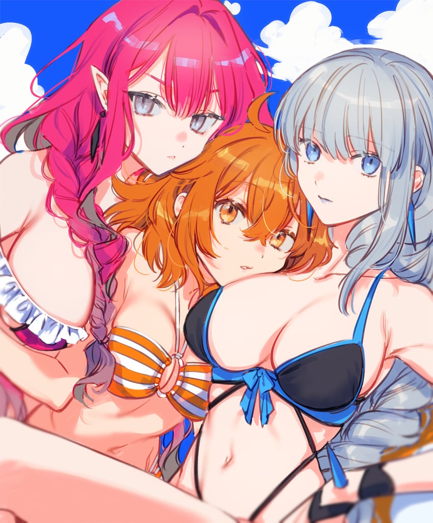 3girls ahoge baobhan_sith_(fate) bikini black_bikini blue_eyes braid breasts cleavage closed_mouth commentary_request fate/grand_order fate_(series) female female_only frilled_bikini frills fujimaru_ritsuka_(female) fujimaru_ritsuka_(female)_(brilliant_summer) grey_eyes highres human human_only large_breasts light-skinned_female light_skin long_hair looking_at_viewer medium_breasts morgan_le_fay_(fate) mother_and_daughter multiple_girls navel orange_eyes orange_hair outdoors pink_hair pointy_ears revision sidelocks striped striped_bikini swimsuit teeth uni_(nico02)