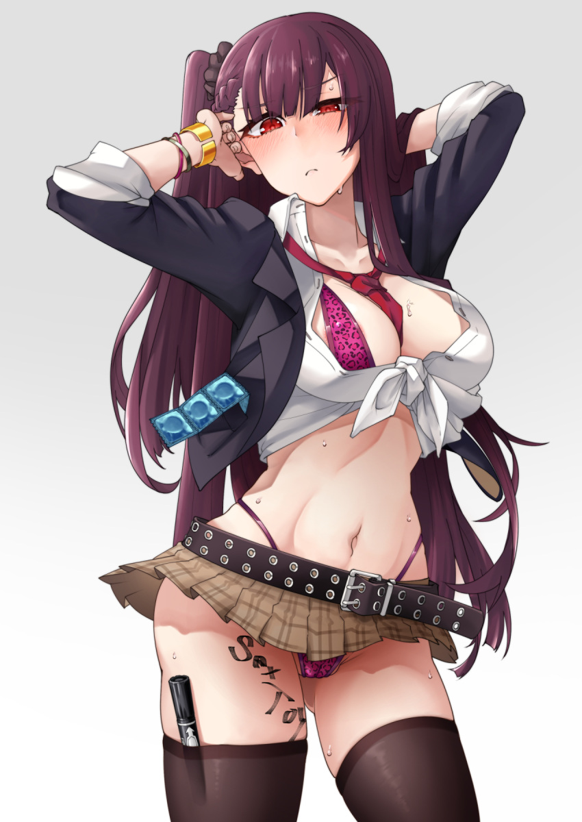 1girls animal_print arms_up ass_visible_through_thighs belt between_breasts black_legwear body_writing bra breasts cameltoe condom condom_packet_strip condom_wrapper cowboy_shot cropped_jacket female front-tie_top frown girls'_frontline hair_ornament hair_scrunchie highleg highleg_panties highres jacket large_breasts leopard_print long_hair looking_at_viewer microskirt nakiusagi navel necktie necktie_between_breasts open_clothes open_jacket open_shirt panties plaid plaid_skirt print_bra print_panties purple_hair red_eyes revealing_clothes scrunchie shirt simple_background skirt solo standing sweat thighhighs thong tied_shirt underwear very_long_hair wa2000_(girls'_frontline)