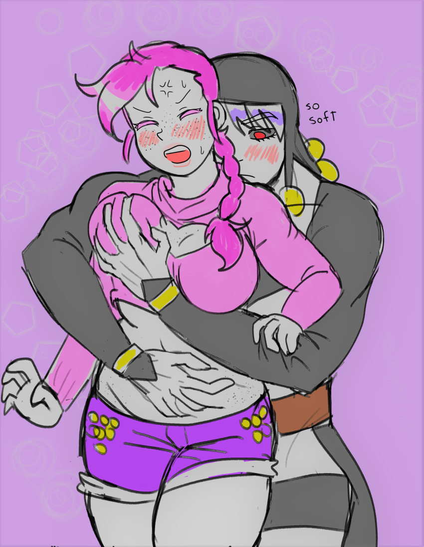 1boy 1girls annoyed big_breasts black_sclera blue_pants blush cleavage closed_eyes dialogue disru english_text genderswap_(mtf) goth groping_breasts hair_tied hand_on_breast hand_on_stomach horny imminent jojo's_bizarre_adventure long_hair muscular_male navel pink_hair pink_sweater red revealing_clothes risotto_nero rule_63 sweat text thick_thighs veil vento_aureo vinegar_doppio