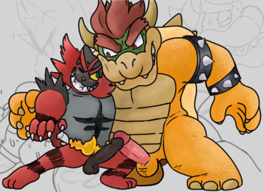 2019 3_toes 5_fingers anthro balls black_penis blush bowser bowserboy101 claws collar crossover digital_media_(artwork) duo erection eye_contact eyebrows feet fingers gay generation_7_pokemon genitals green_eyes grey_background grey_body grin hair horn humanoid_genitalia humanoid_penis incineroar koopa looking_at_another male male/male mario_(series) nintendo penis pokemon pokemon_(species) red_body red_eyes red_hair scalie shell simple_background smile spiked_collar spiked_shell spikes spikes_(anatomy) teeth thick_eyebrows toes yellow_body yellow_sclera