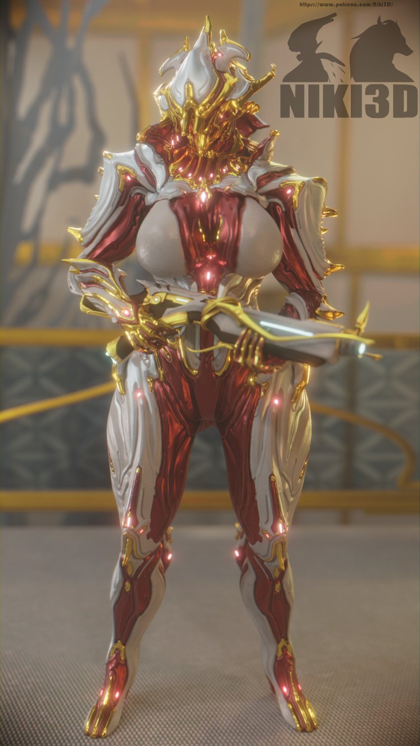 1girls 3d 3d_(artwork) breasts garuda_(warframe) garuda_prime_(warframe) hips holding_weapon large_breasts niki3d thighs warframe wide_hips