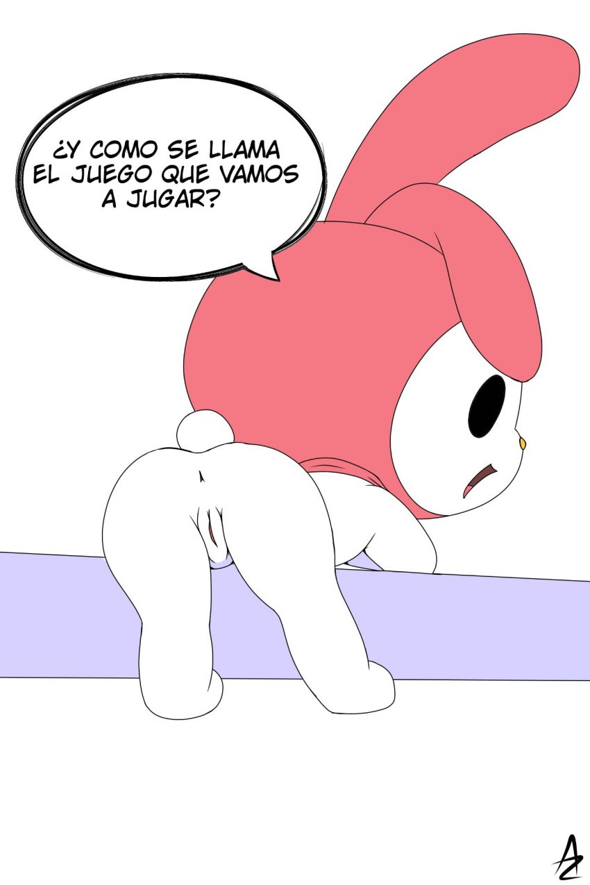 alexzozaya anus ass female feral genitals hi_res humanoid lagomorph leporid looking_at_viewer looking_back mammal my_melody notes_translation onegai_my_melody pussy rabbit rear_view sanrio solo spanish_text speech_bubble talking_to_viewer za