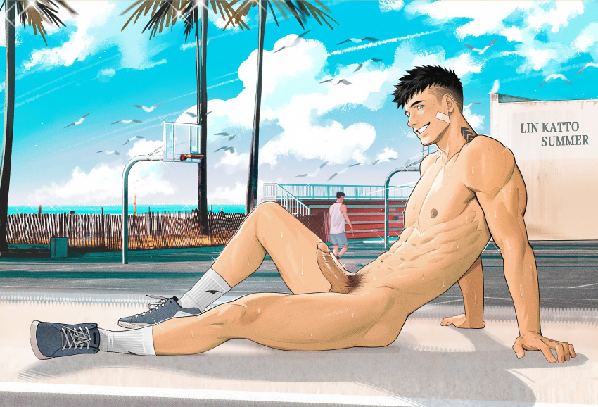 1boy abs absurdres bandaid bandaid_on_cheek bandaid_on_face bara black_hair blue_eyes cloud day erection highres katto8452 large_pectorals lin.katto male_focus male_pubic_hair muscular muscular_male navel neck_tattoo nipples nude original outdoors pectorals penis pubic_hair short_hair sidecut sitting sky smile socks solo tattoo teeth testicles