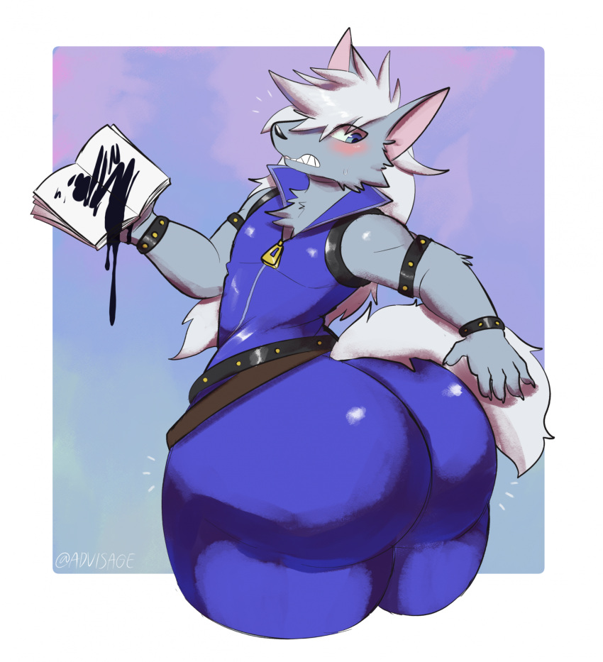 angry_face anthro ass big_ass big_butt blush blushing book bubble_butt femboy fully_clothed fur furry huge_ass huge_butt long_hair magic magic_gone_wrong male male_only solo solo_male spilled_ink tail turning_around v1sage wide_hips wolf wolfrun