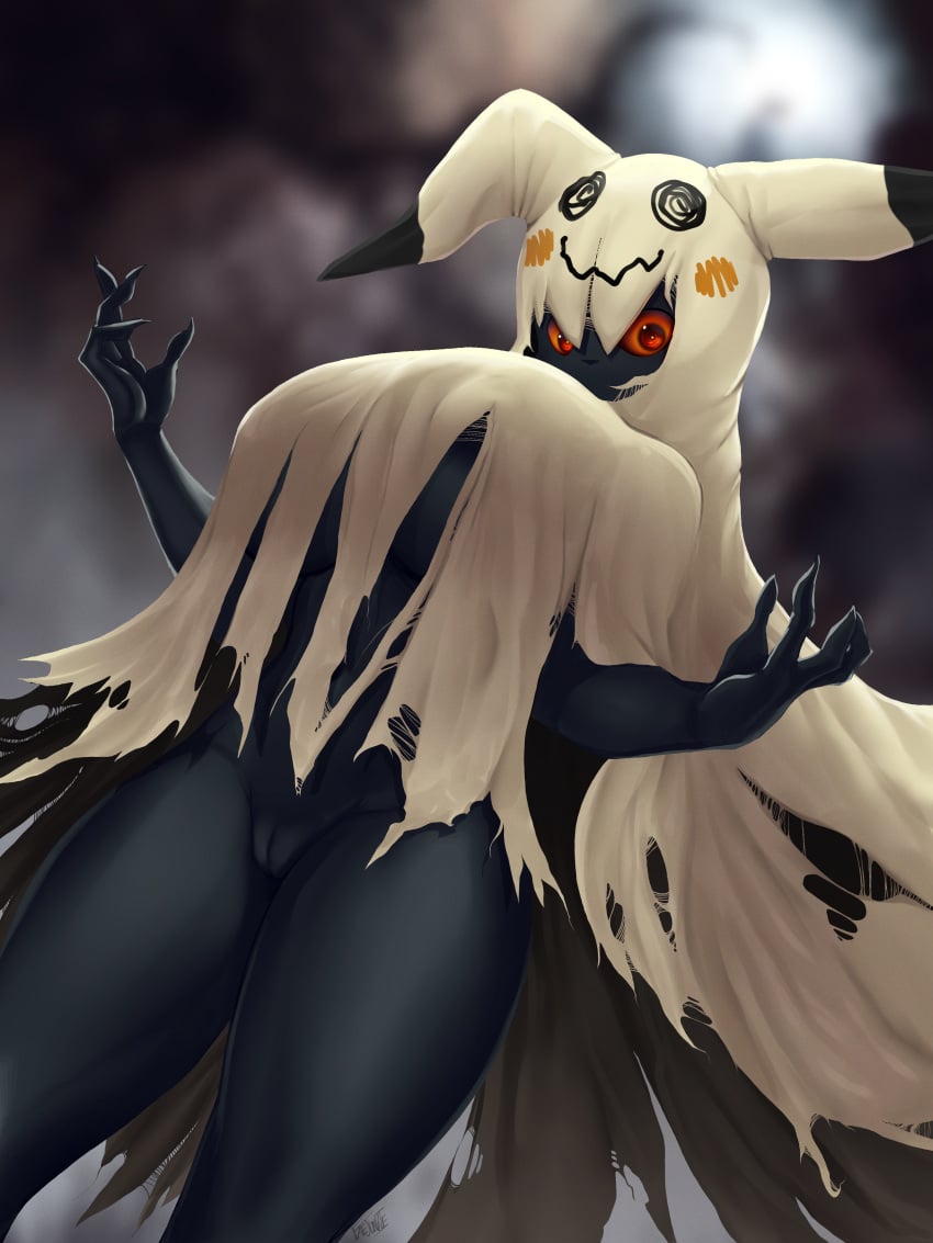 absurd_res anthro big_breasts black_body bottomless breasts clothed clothing faejunkie female fingers front_view generation_1_pokemon generation_7_pokemon genitals hi_res huge_breasts looking_at_viewer mimikyu nintendo nipples orange_sclera partially_clothed pokemon pokemon_(species) pokemorph pussy red_eyes solo thick_thighs torn_clothing