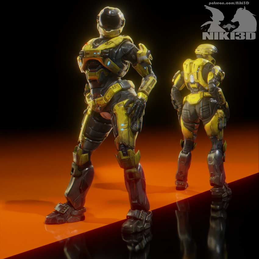 1girls 3d 3d_(artwork) armor ass black_visor clothed clothing crotchless cutout female female_only halo_(series) hands_on_hips helmet hips niki3d power_armor sci-fi science_fiction solo_female spartan_(halo) standing thighs vagina yellow_armor