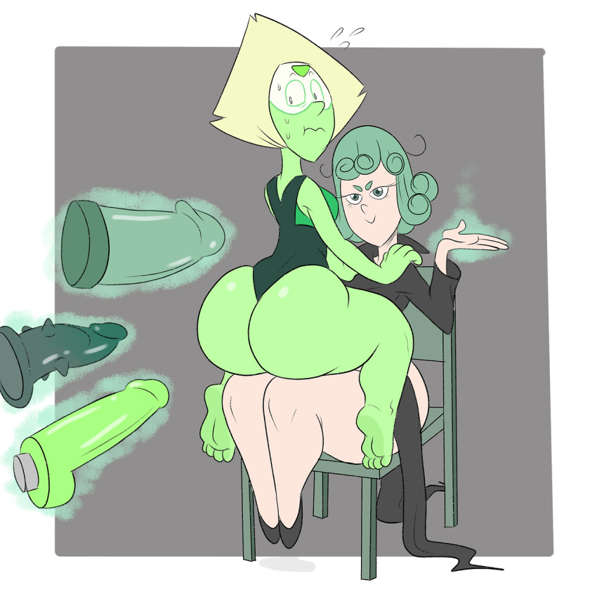 2girls ass big_ass big_butt black_dress cartoon_network crossover dildo feet female floating_object floating_objects gem_(species) green_skin large_ass leotard multiple_girls nervous one-punch_man peridot_(steven_universe) sit sitting sitting_on_lap steven_universe sweat sweatdrop sweating tatsumaki thick_thighs thong_leotard wappah