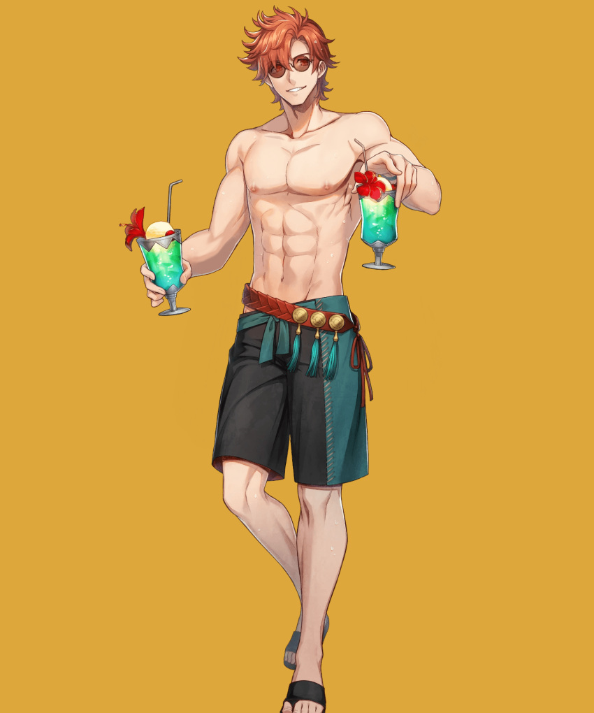 1boy abs alternate_costume bare_legs codename_(user_mkxe3283) codename_edit drink edit fire_emblem fire_emblem:_three_houses fire_emblem_heroes glass glasses grin legs looking_at_viewer male male_only muscular muscular_male nintendo nude_filter official_alternate_costume orange_hair smile solo sunglasses swimming_trunks swimsuit sylvain_jose_gautier sylvain_jose_gautier_(summer) yellow_background yellow_eyes