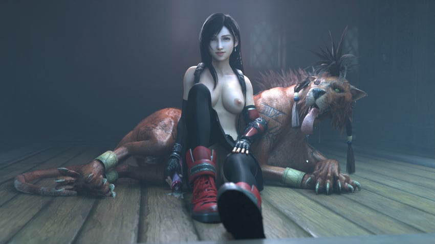 1girls 3d bestiality black_hair black_legwear breasts canine canine_penis cum cumpool female final_fantasy final_fantasy_vii final_fantasy_vii_remake gloves handjob jewelry light-skinned_female long_hair looking_at_viewer mieni3d penis red_eyes red_xiii thighhighs tifa_lockhart yellow_eyes zoophilia