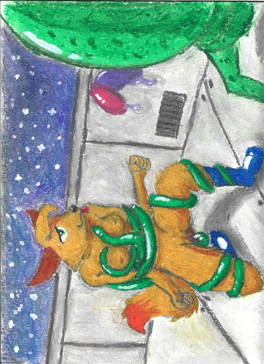 absurd_res alien anthro canid canine deep_in_brixen_space female fox hi_res kneeling mammal on_one_knee penetration plant restrained runningrabbit space tentacle traditional_media_(artwork) vaginal_penetration vaginal_penetration