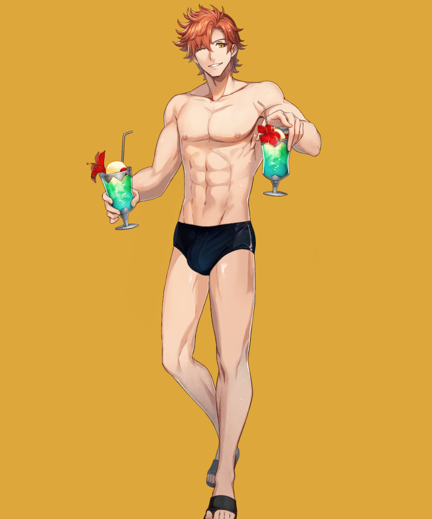 1boy abs bare_legs bulge codename_(user_mkxe3283) codename_edit drink edit fire_emblem fire_emblem:_three_houses fire_emblem_heroes glass grin legs looking_at_viewer male male_only muscular muscular_male nintendo nude_filter one_eye_closed orange_hair penis_bulge smile solo speedo sylvain_jose_gautier sylvain_jose_gautier_(summer) yellow_background yellow_eyes