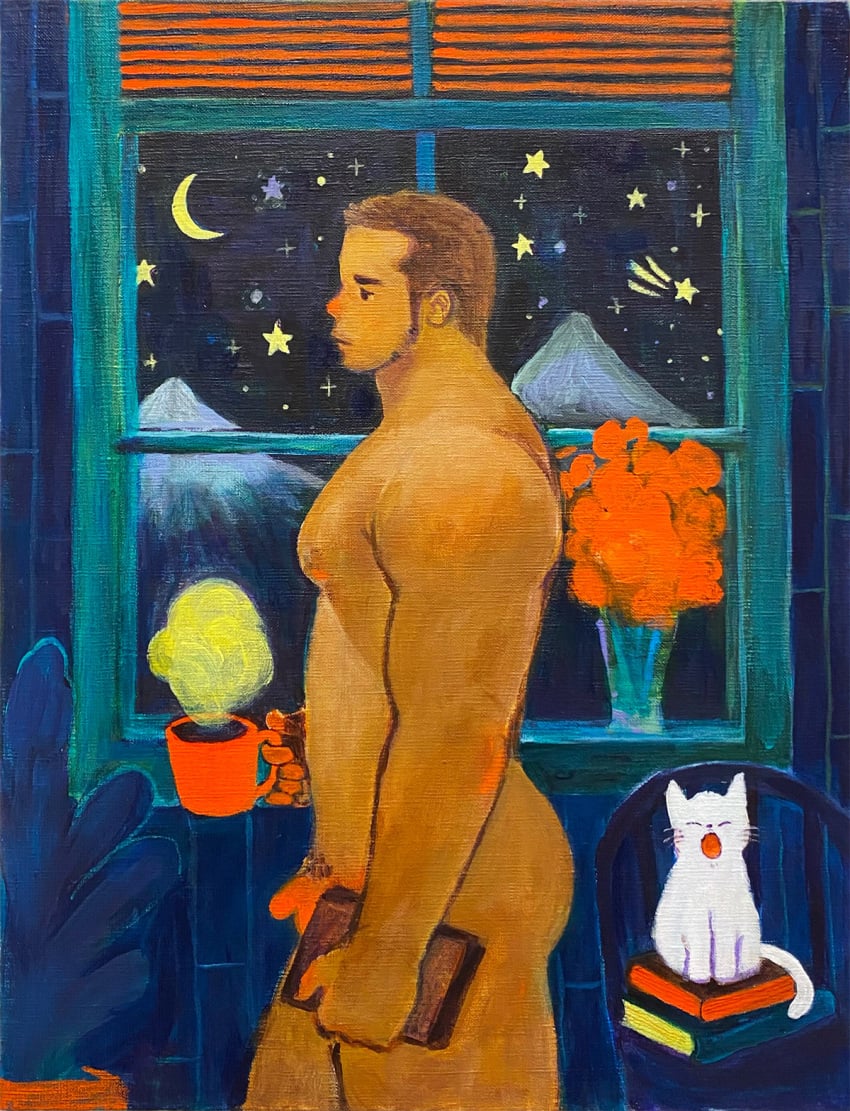 1boy acrylic_paint_(medium) arms_at_sides ass bara beard_stubble blank_censor book book_stack cactus censored coffee_mug completely_nude crescent_moon cup curtains dark-skinned_male dark_skin feet_out_of_frame feline flaccid flower from_side highres holding holding_book holding_cup large_pectorals long_sideburns looking_ahead male_focus male_pubic_hair mature_male moon mount_fuji mountain mug muscular muscular_male night night_sky nipples nude orange_flower original painting_(medium) pectorals penis pubic_hair receding_hairline short_hair sideburns sky solo sparse_pubic_hair standing star_(sky) starry_sky thick_eyebrows thick_thighs thighs torajiro_art traditional_media vase walking white_cat window yawning